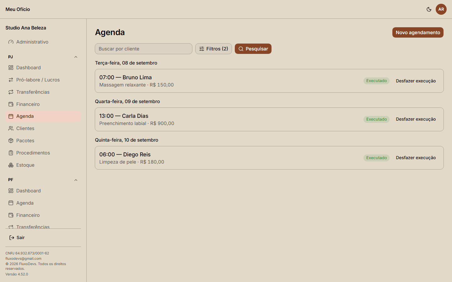 Tela da Agenda com três atendimentos executados em dias diferentes