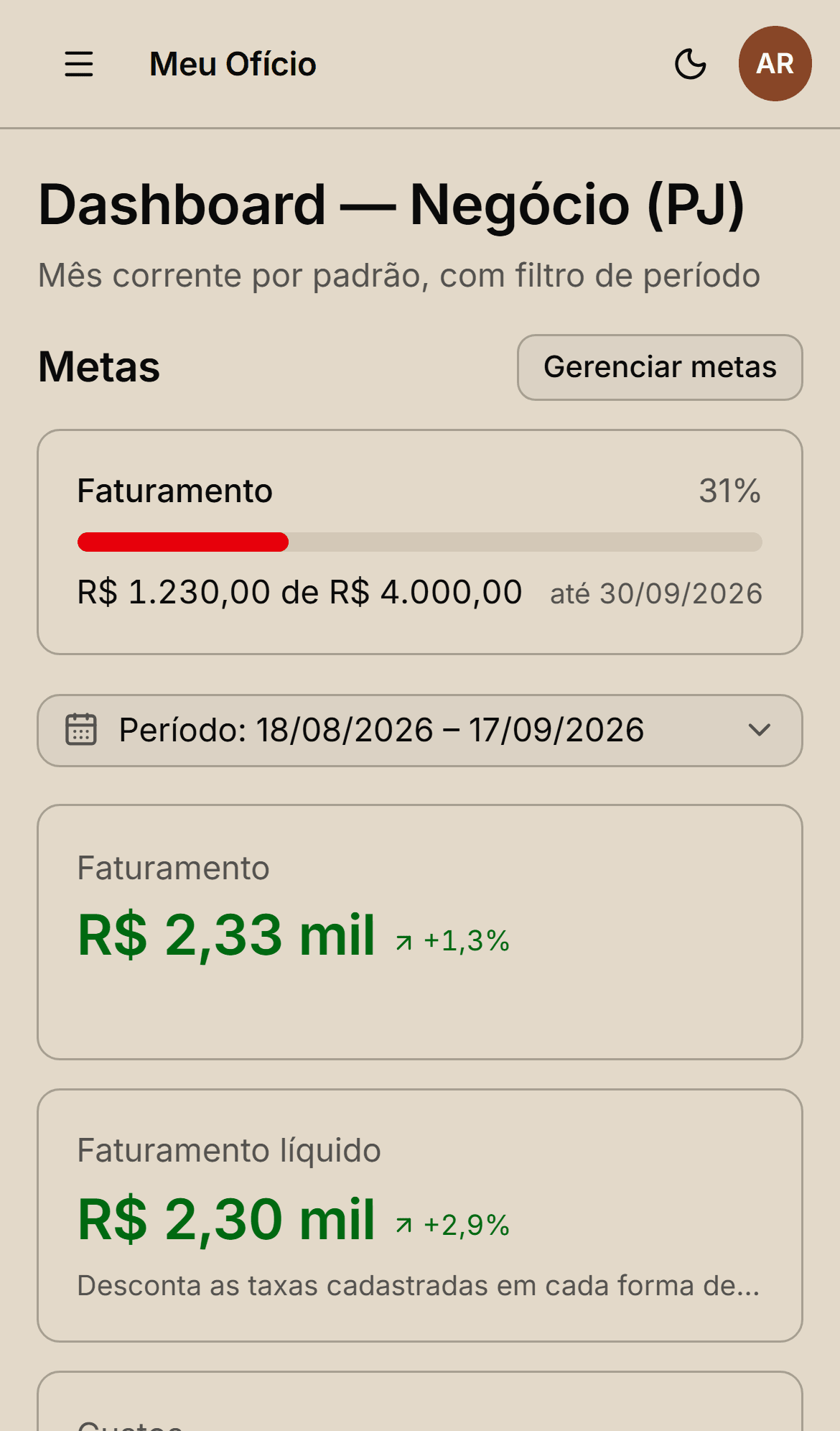 Dashboard do negócio no celular, com os cards empilhados e o filtro de período compacto